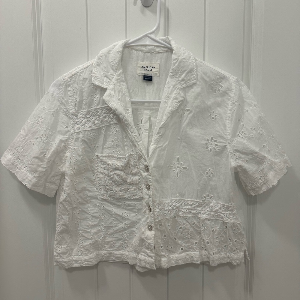 American Eagle White Eyelet Button-Up Blouse - image 1